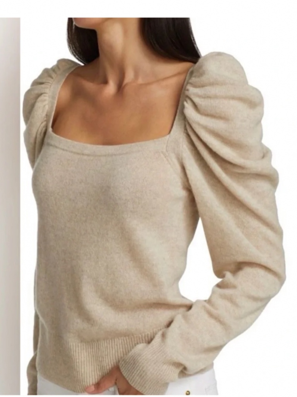 FRAME Femme 100% Cashmere Square neck Puff Sleeve Cream Ecru Sweater